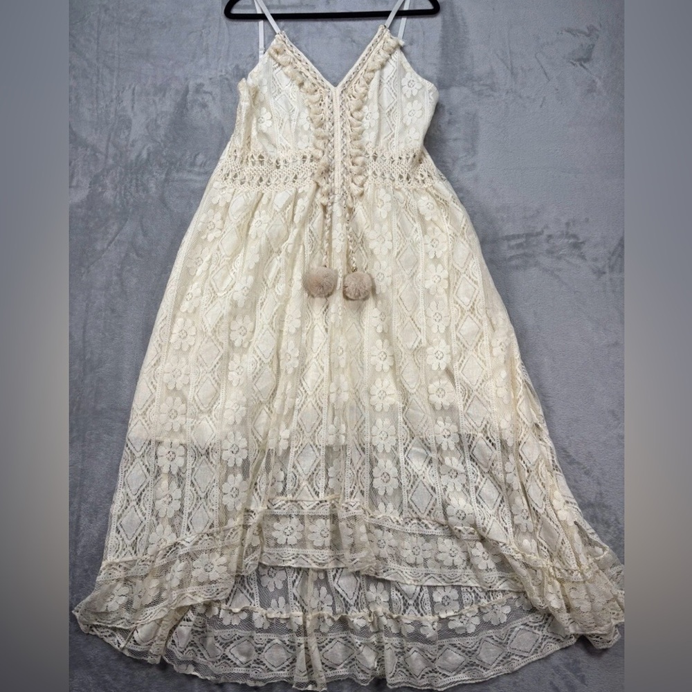 Delicate Cream Lace Midi Dress with Pom-Tie Detail